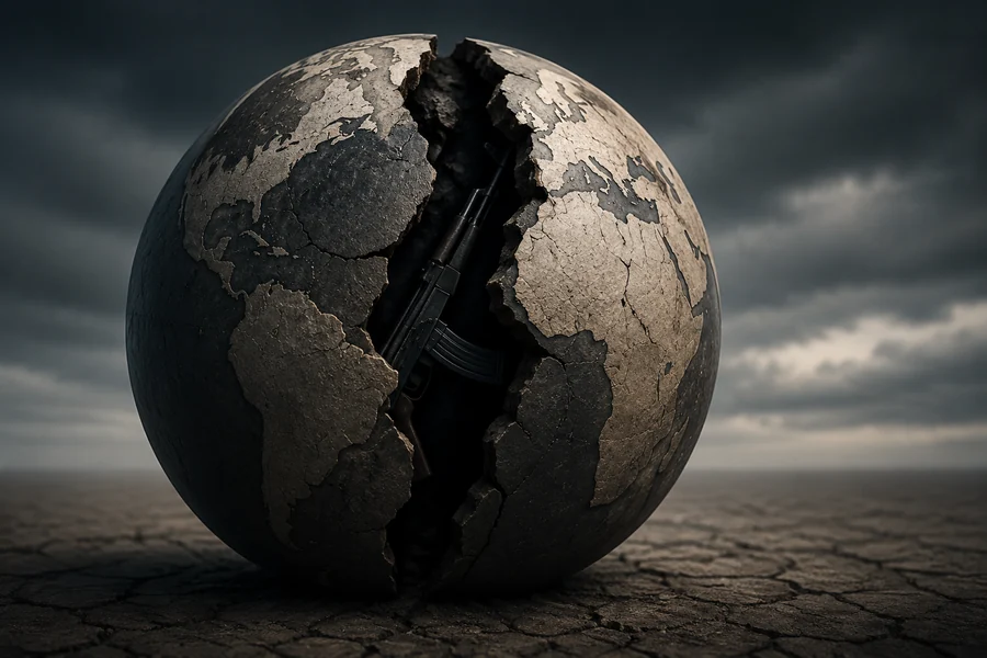 A fractured globe revealing a weapon within the crack, symbolizing a world broken by sin