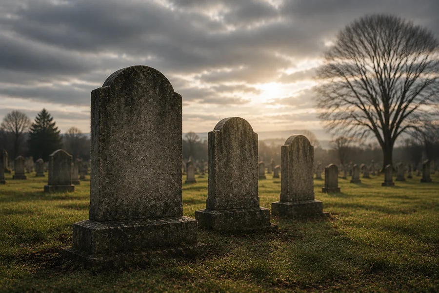 Weathered gravestones beneath an overcast sky, symbolizing death