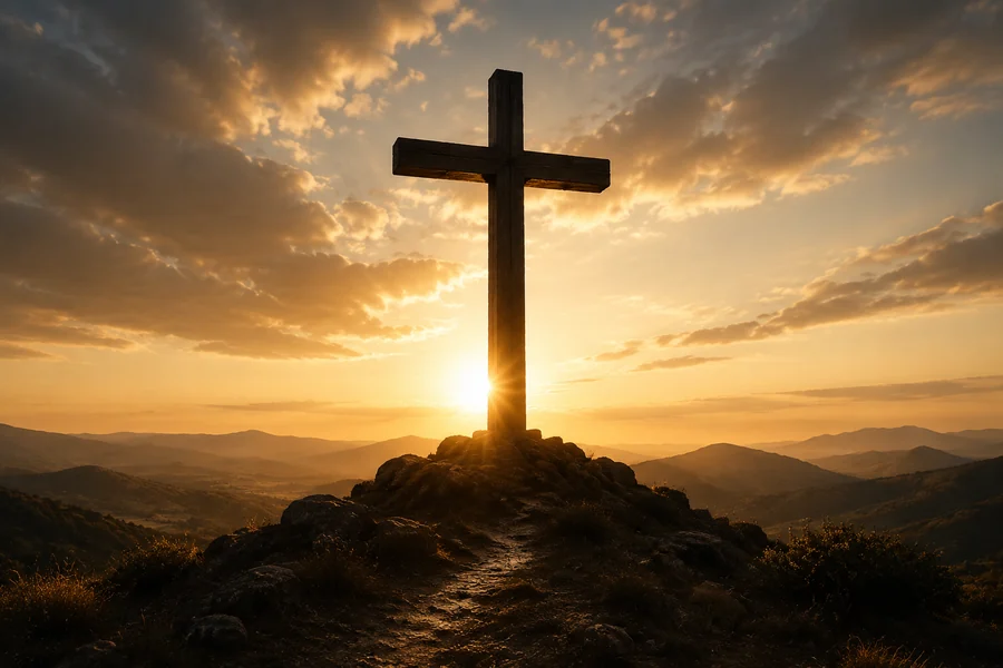An empty wooden cross silhouetted against golden sunrise light