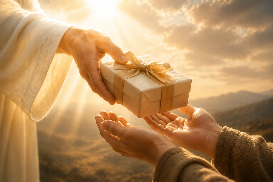 A gift descending from radiant light into open receiving hands