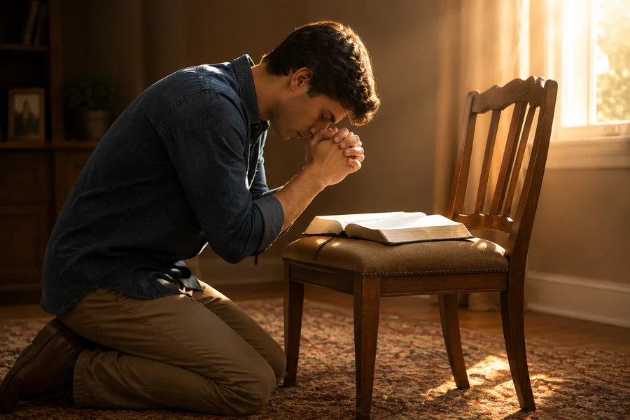 A man kneeling in prayer beside an open Bible